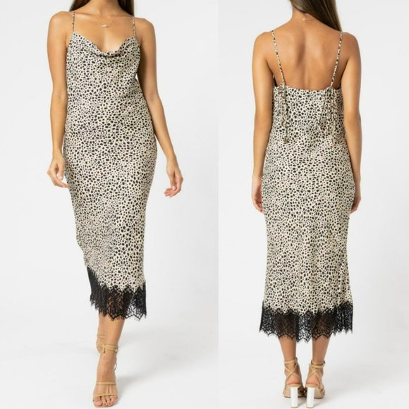 Rebecca Vallance Dresses & Skirts - Rebecca Vallance Anya Slip Dress Leopard Animal Print Midi Black Lace Hem 90s